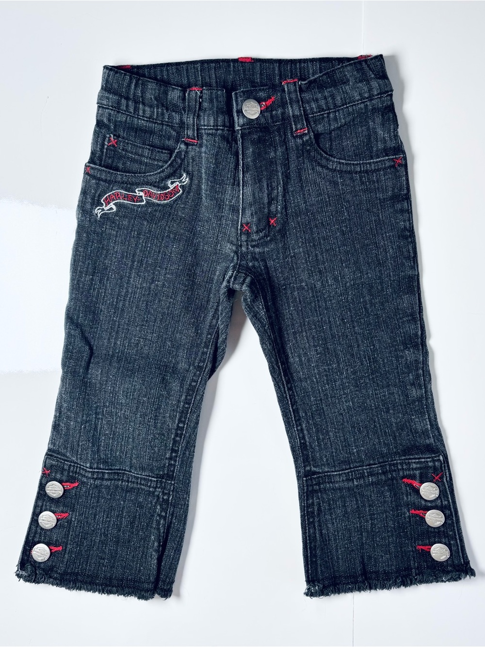 Harley-Davidson Girls Embroidered Button Hem Jeans Size 4 Biker Y2K Grunge